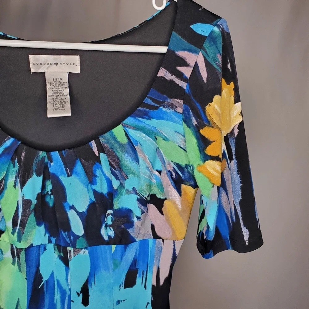 London Style Vtg Empire‎ Dress 4 Blue Artsy Watercolor Mermaid Forest Fairy Y2K